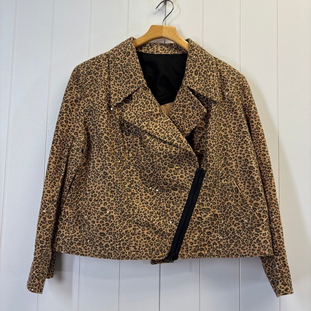 Handmade Women Leopard Print Sequin Moto Jacket Size XL Mob Wife Asymmetrical